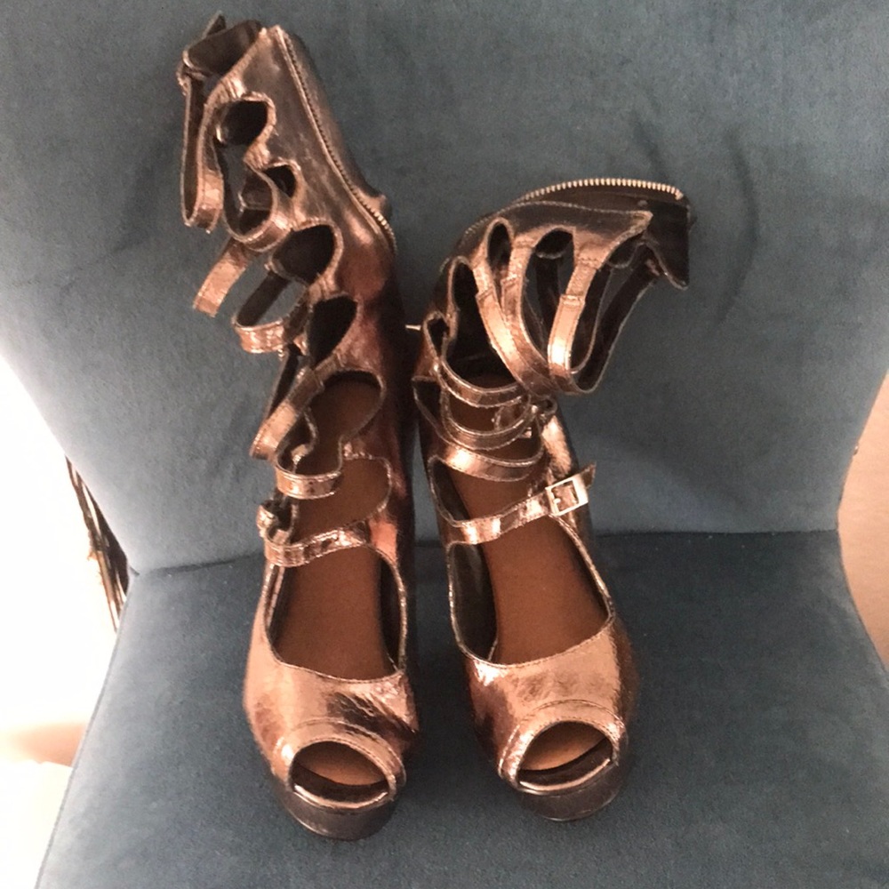 Metallic ankle zip up baby open toe heels
